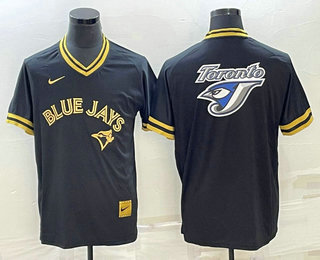 Mens Toronto Blue Jays Big Logo Black Gold Nike Cooperstown Legend V Neck Jersey
